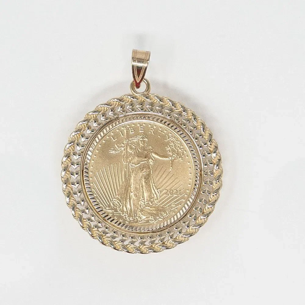 New 14k Gold Double Row Diamond Cut Bezel With 1/4oz American Eagle Coin - Picture 14 of 15